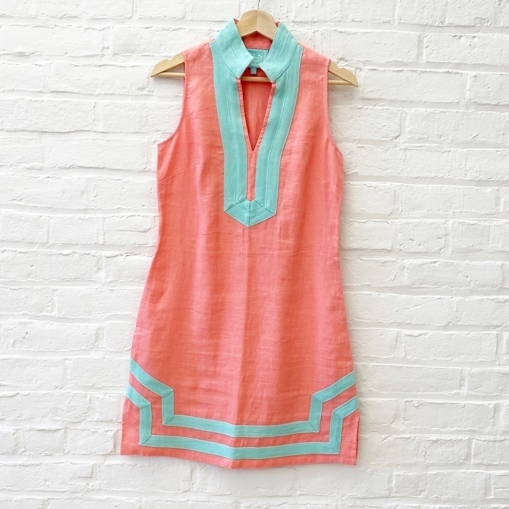 Sail To Sable || Linen Sleeveless Tunic Dress Coral + Aqua Xs